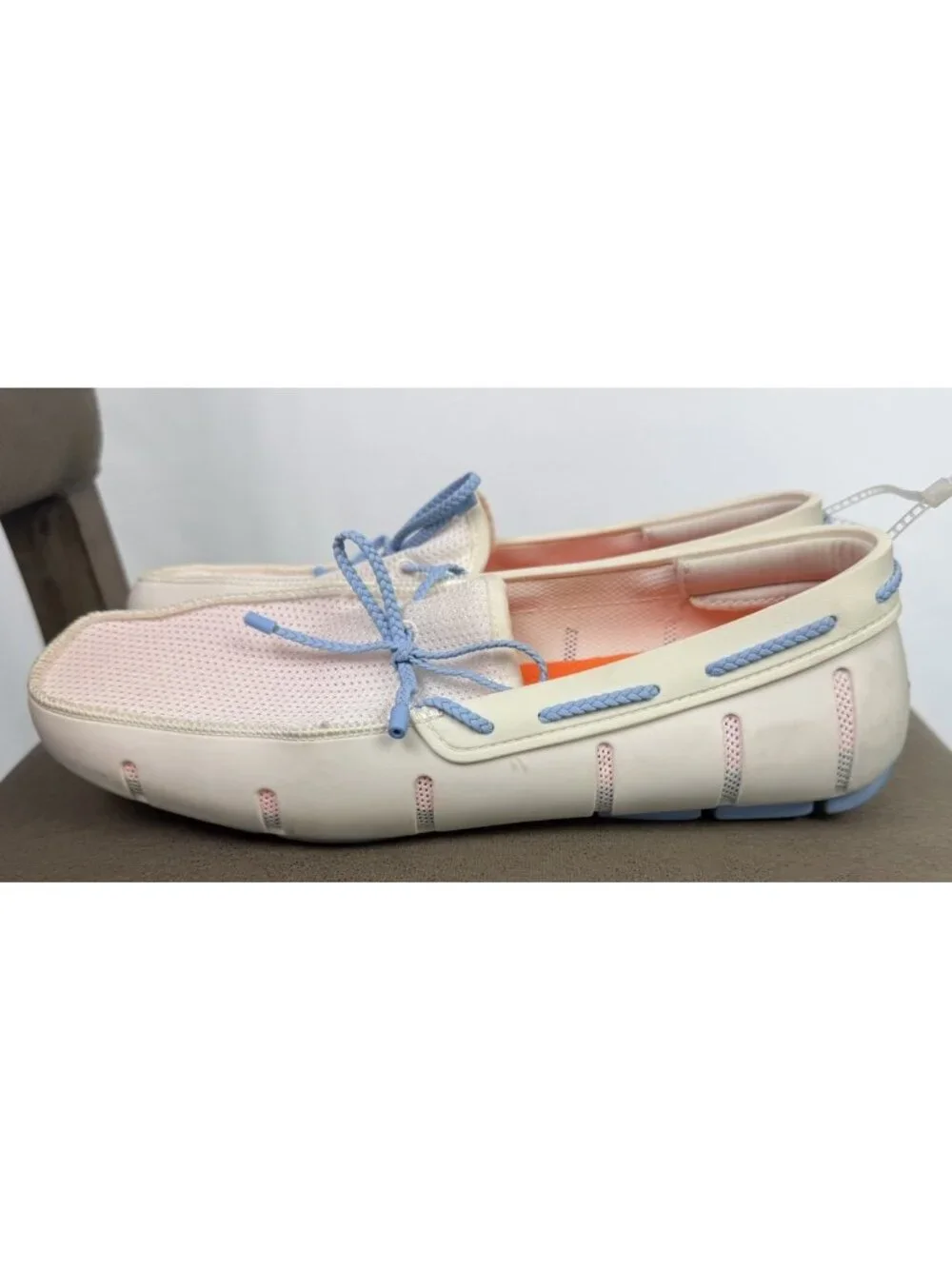 Swims Men's White Mesh Boat Shoes with Light Blue Laces and Orange Insoles